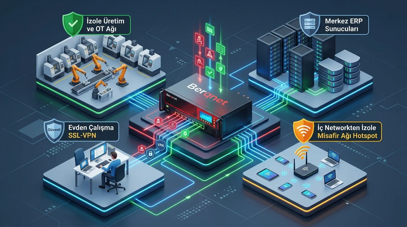Berqnet UTM Firewall kurumsal ağ topolojisi, fabrika OT izolasyonu, SSL-VPN ve veritabanı kalkanı mimarisi