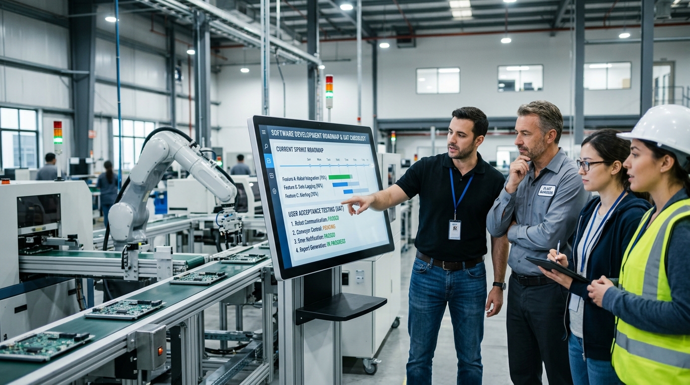 Fabrika sahasında çevik yazılım geliştirme ve saha kabul testi toplantısı