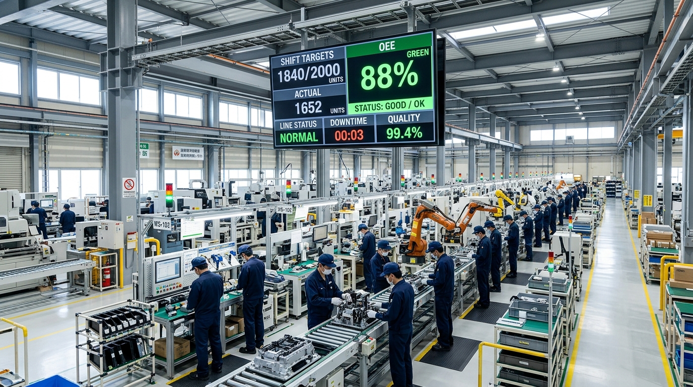 Fabrika tavanına asılı canlı dijital Andon panosu ve OEE üretim hedefi ekranı