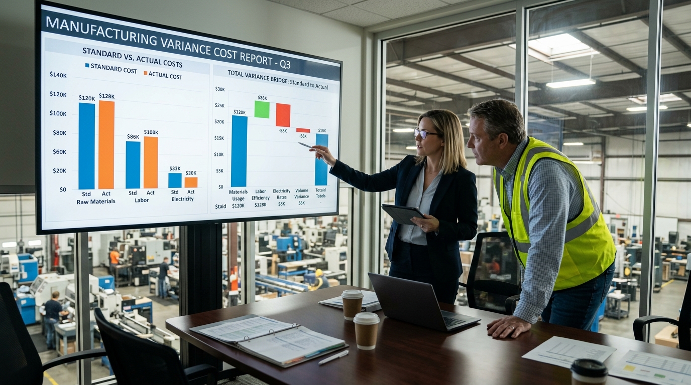 Maliyet muhasebesi sapma analizi grafiği, varyans tablosu ve ERP finans paneli
