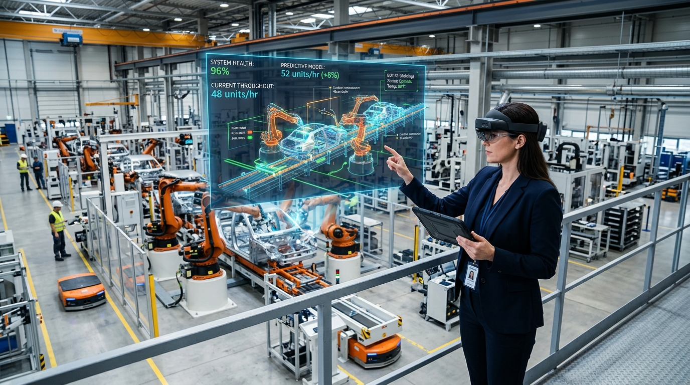 3D fabrika dijital ikiz simülasyonu, robot kolları ve canlı telemetri paneli