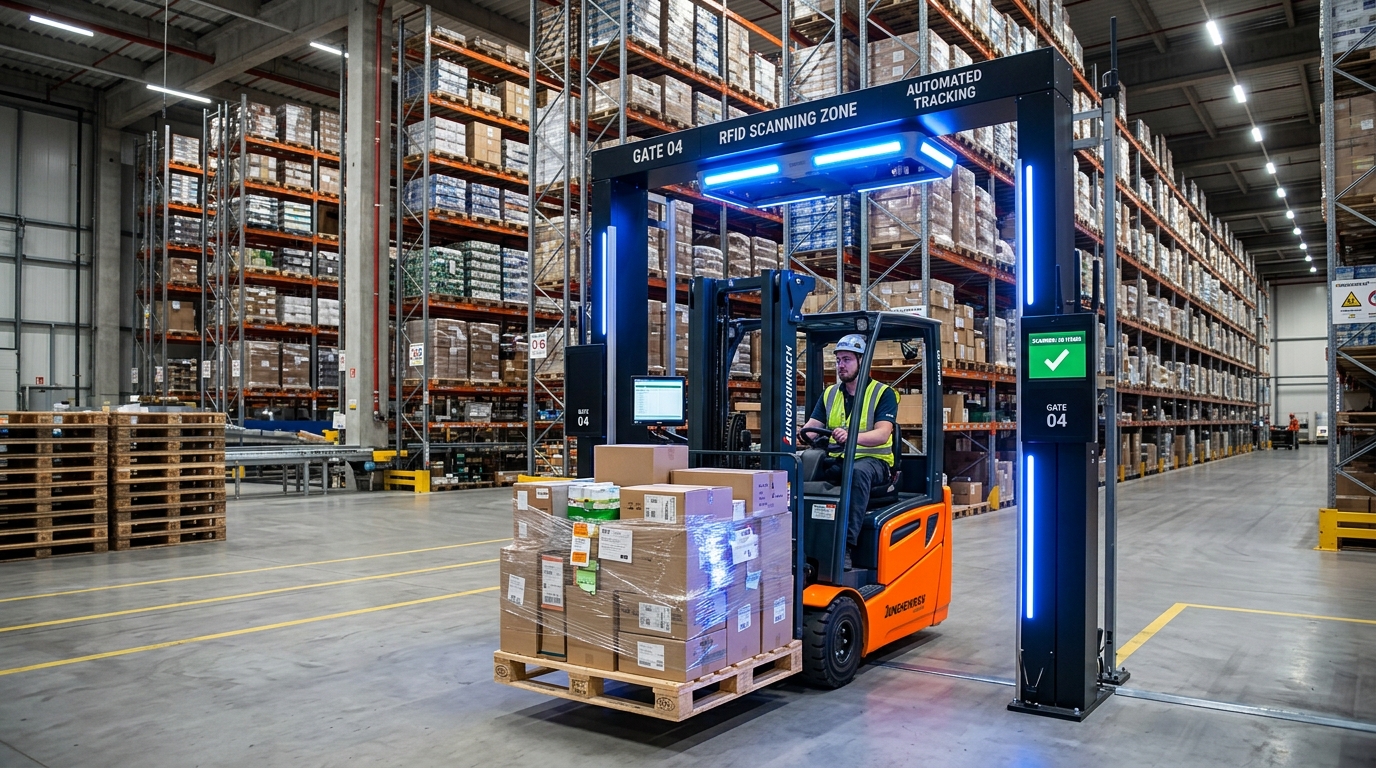 Endüstriyel depoda RFID palet okuma anteni ve akıllı forklift yönlendirme