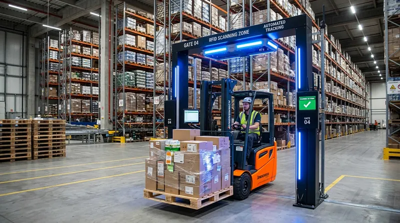 Endüstriyel depoda RFID palet okuma anteni ve akıllı forklift yönlendirme