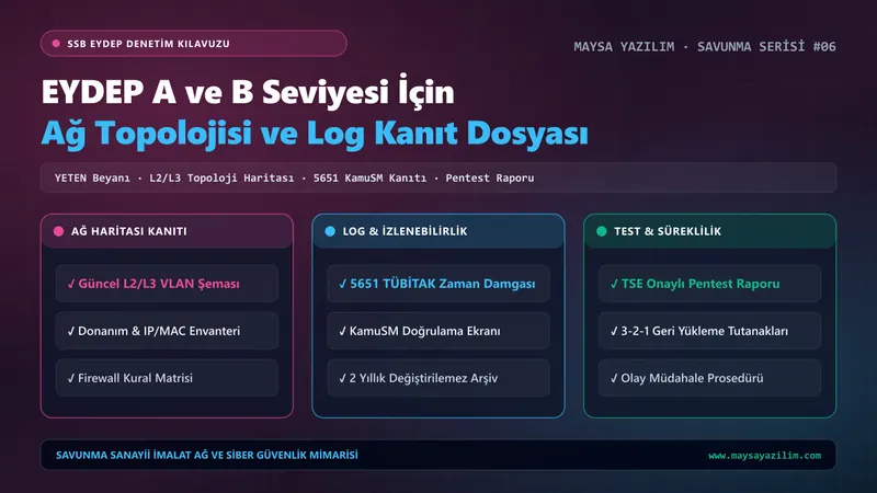 SSB EYDEP A ve B seviyesi denetimi için ağ topolojisi ve loglama kanıt dosyası — Maysa Yazılım