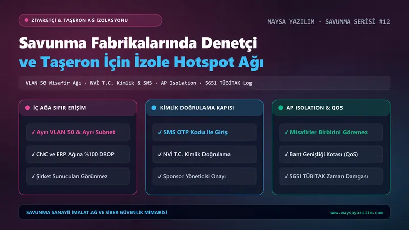 Savunma fabrikalarında denetçi, müşteri ve taşeronlar için izole Hotspot ve 5651 loglama mimarisi — Maysa Yazılım