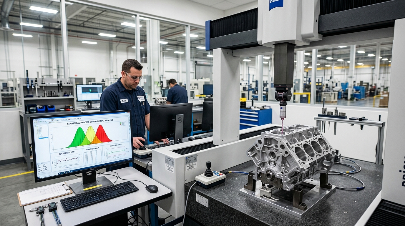 Otomotiv CMM ölçüm odası ve IATF 16949 SPC kalite kontrol ekranı