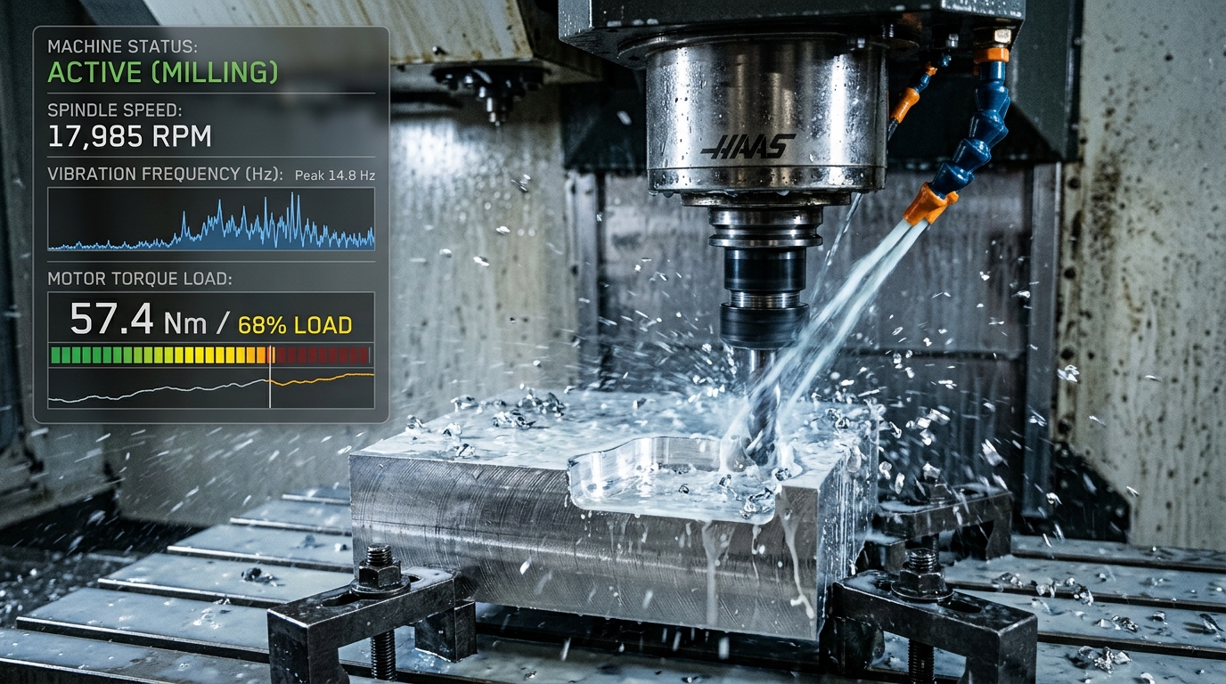 5 eksen CNC dik işleme merkezinde iş mili telemetri ve titreşim sensörü