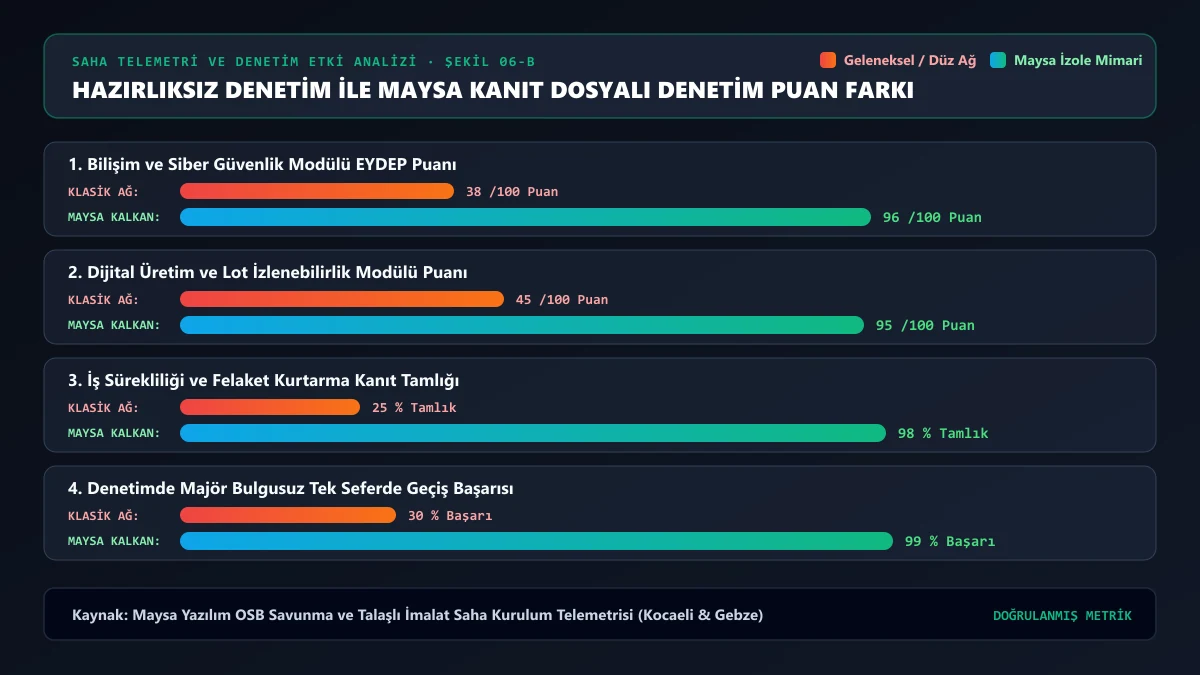 Hazırlıksız EYDEP denetimi ile Maysa kanıt dosyalı denetimin puan karşılaştırması — Maysa Yazılım