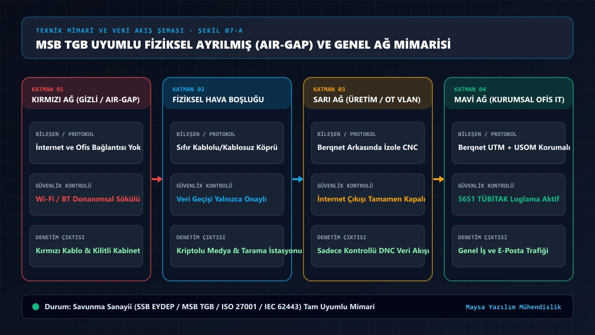 MSB Tesis Güvenlik Belgesi TGB uyumlu Kırmızı Air-Gap ağ, Sarı OT ağı ve Mavi Ofis ağı mimarisi — Maysa Yazılım