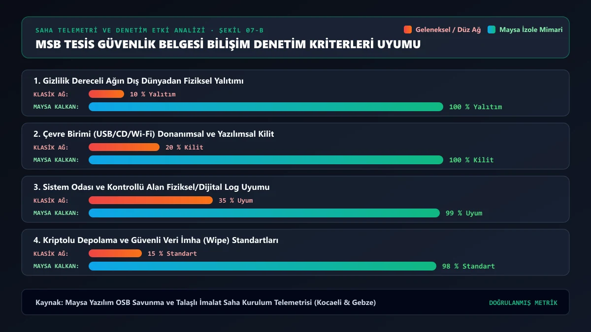 MSB Tesis Güvenlik Belgesi TGB bilişim denetim kriterleri ve fiziksel izolasyon uyum grafiği — Maysa Yazılım