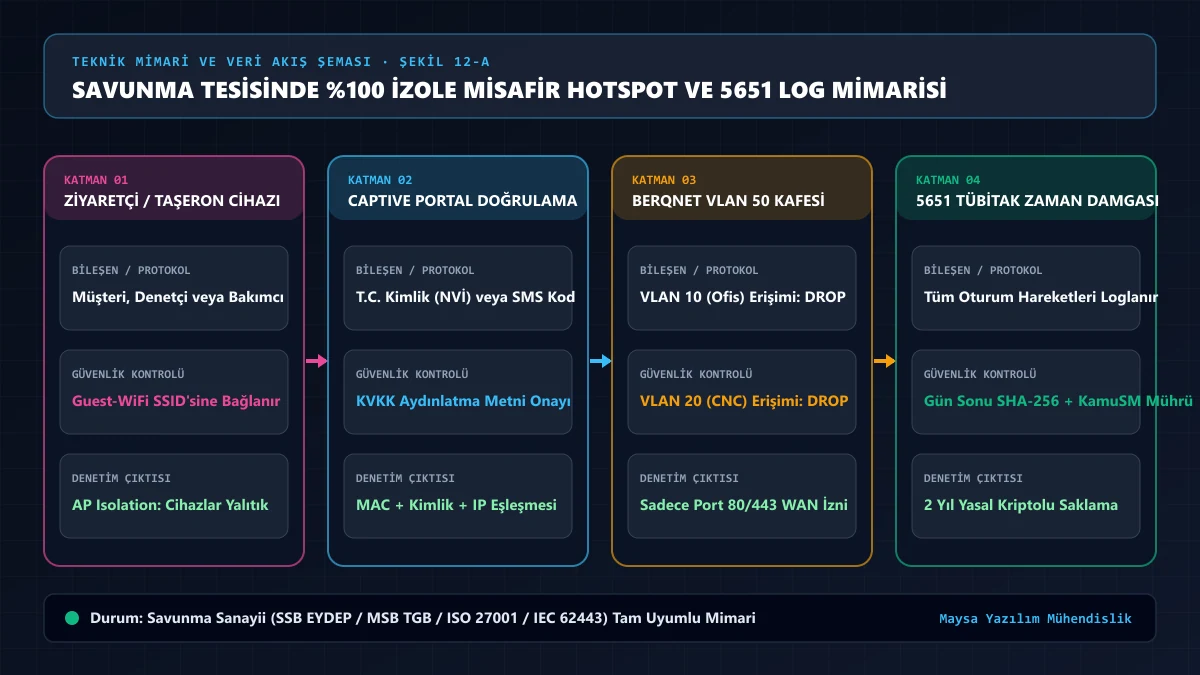 Savunma tesisinde %100 izole VLAN 50 misafir Hotspot, Captive Portal ve 5651 TÜBİTAK loglama mimarisi — Maysa Yazılım