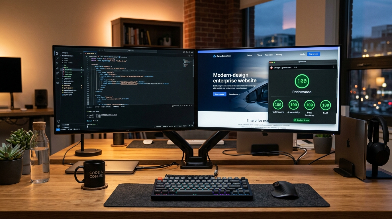 Astro web tasarım geliştirme ortamı ve Google Lighthouse 100 tam puan performans paneli